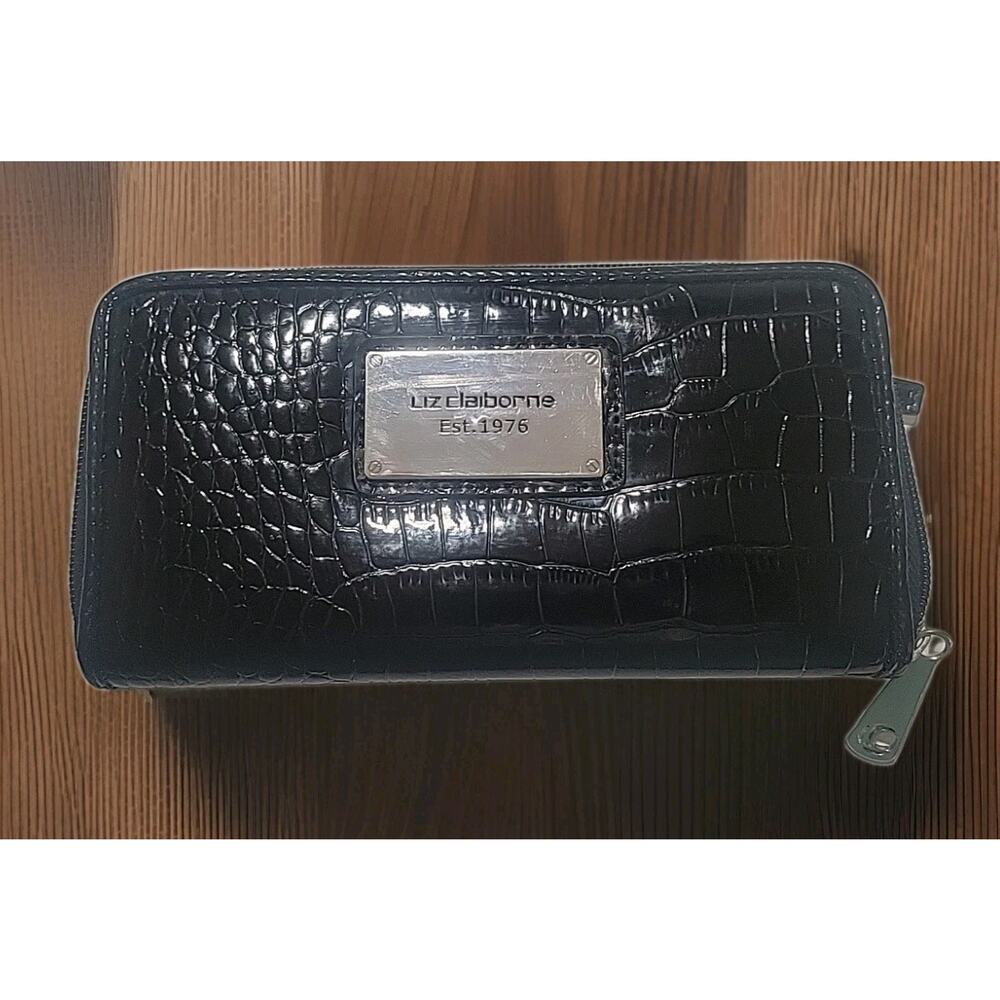 Liz Claiborne Small Faux Leather Clutch Black Silver Hardware